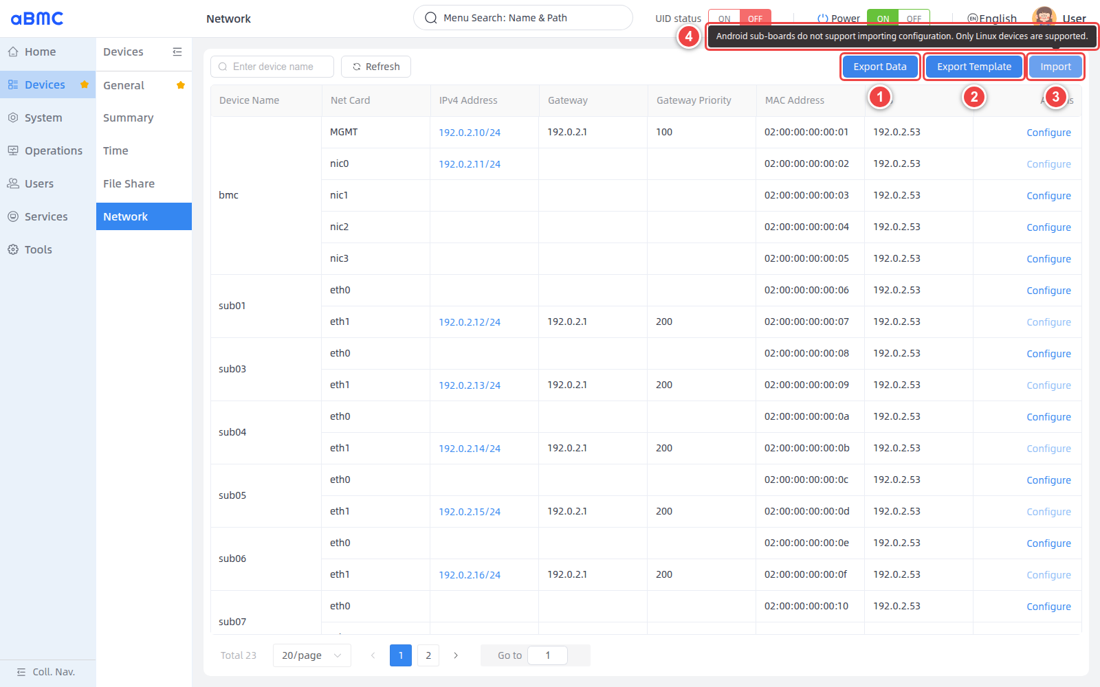 File operation and import restrictions: 1 Export Data, 2 Export Template, 3 Import, 4 Android sub-boards do not support import and only Linux devices are supported