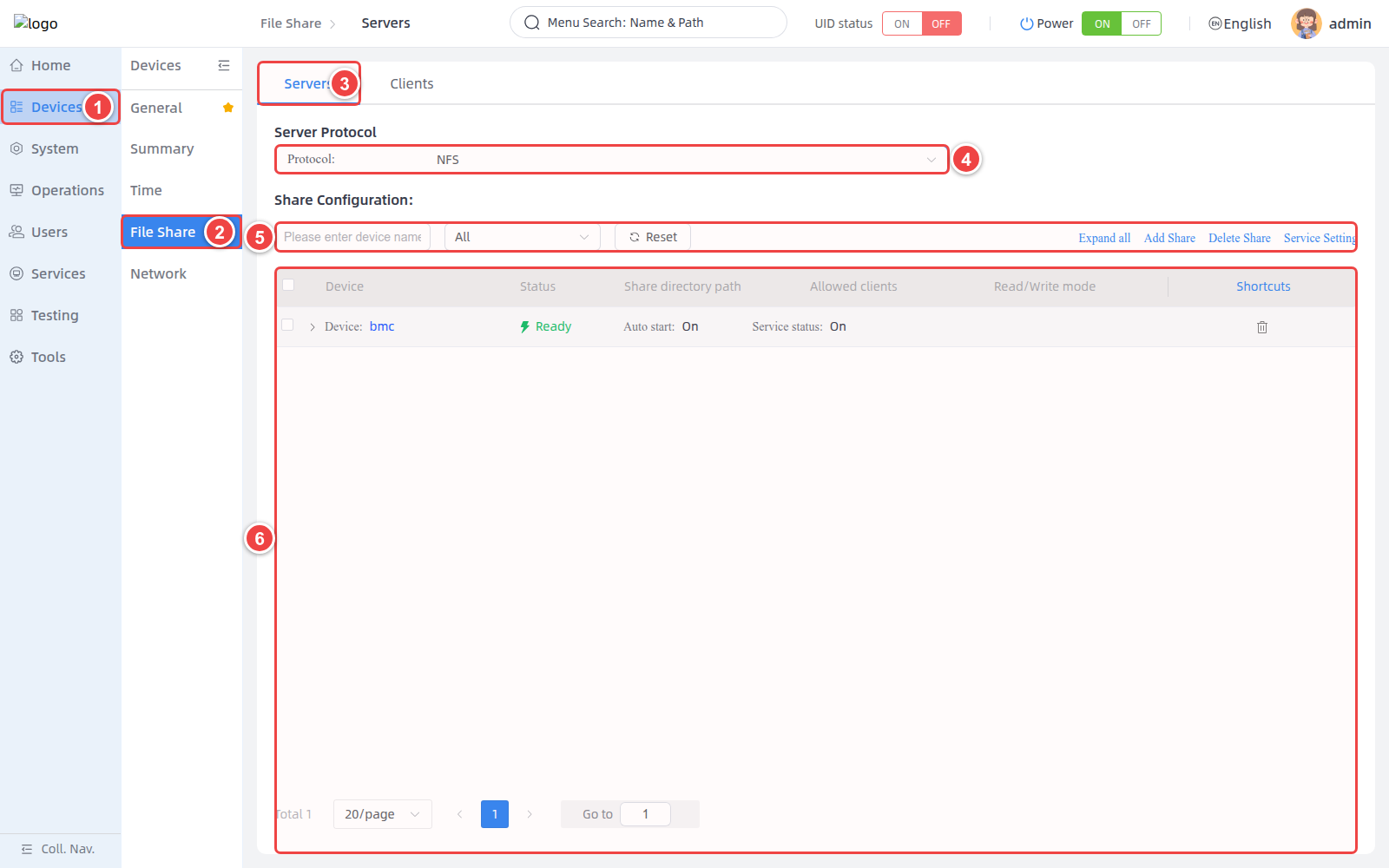Open the file sharing server page