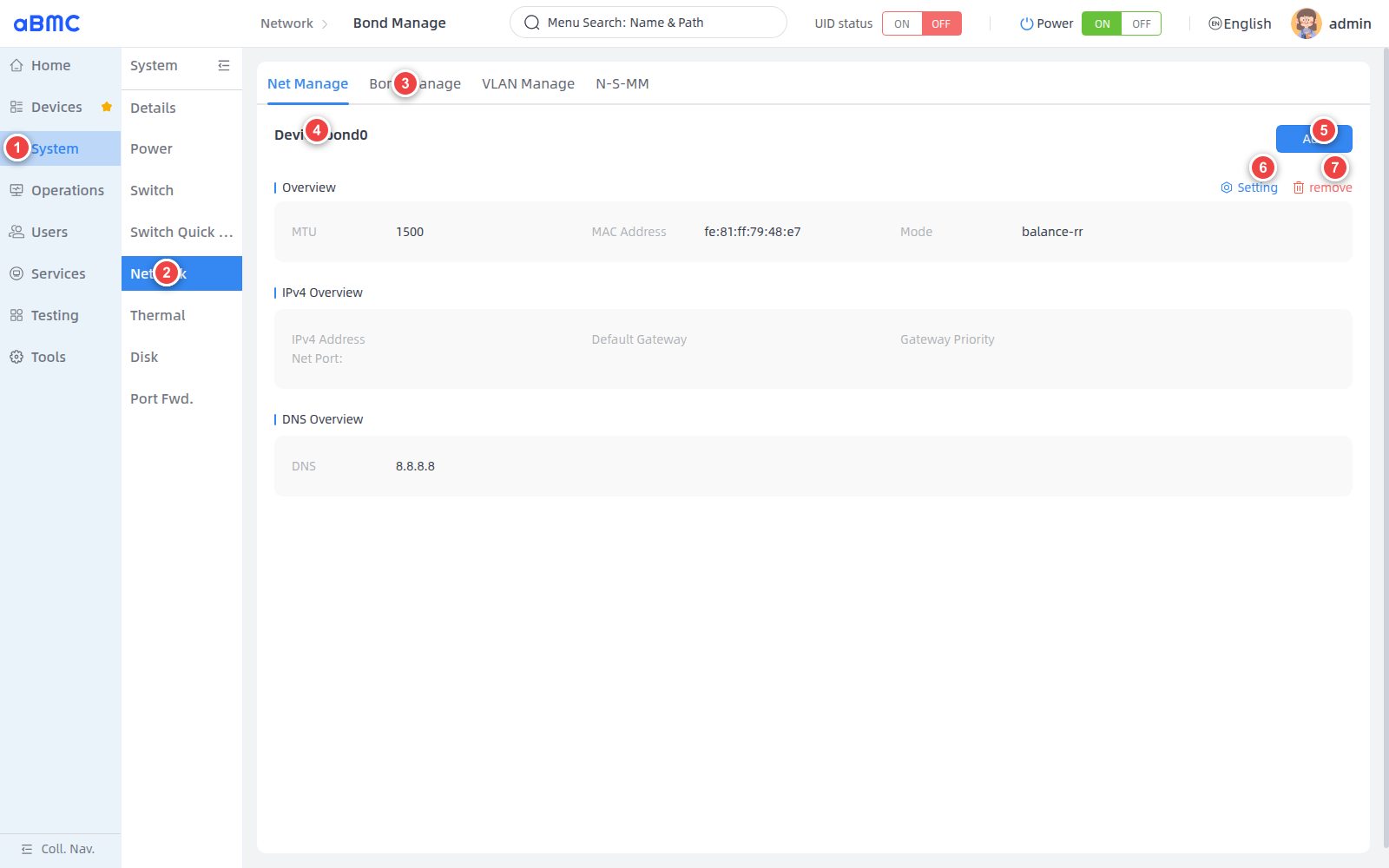 Open Bond Manage: 1 select System, 2 select Network, 3 select Bond Manage, 4 select device, 5 add, 6 modify, 7 delete