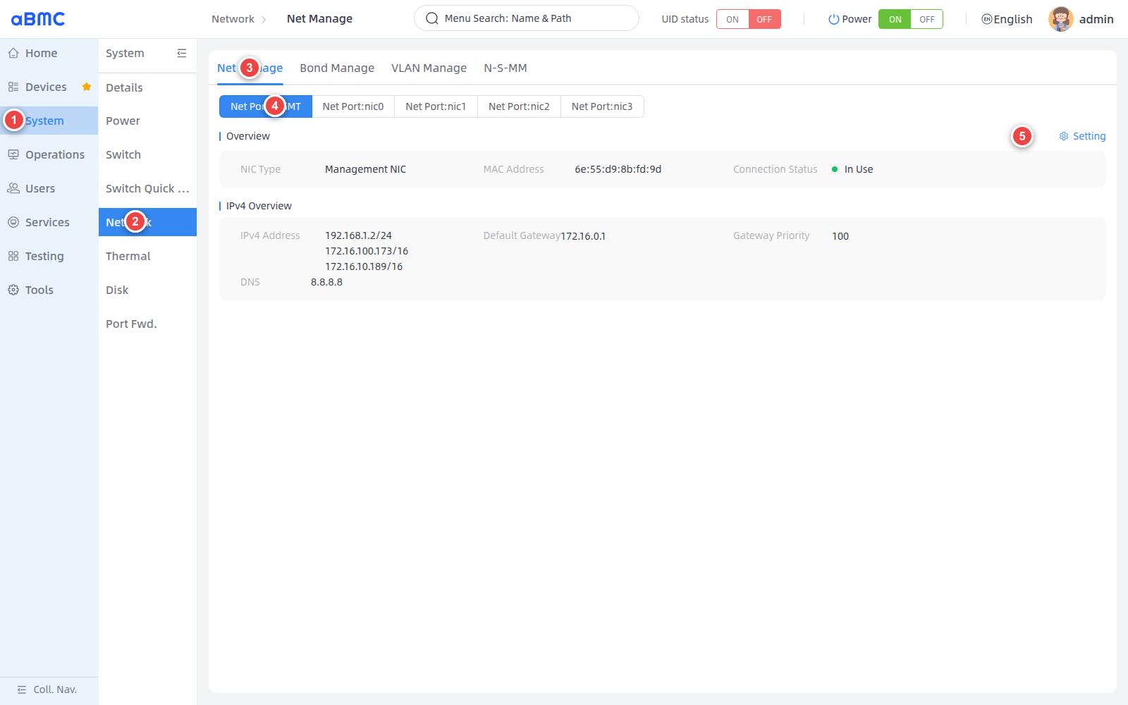 Enter the BMC network management page: 1 select System, 2 select Network, 3 select Net Manage, 4 select network port, 5 open settings