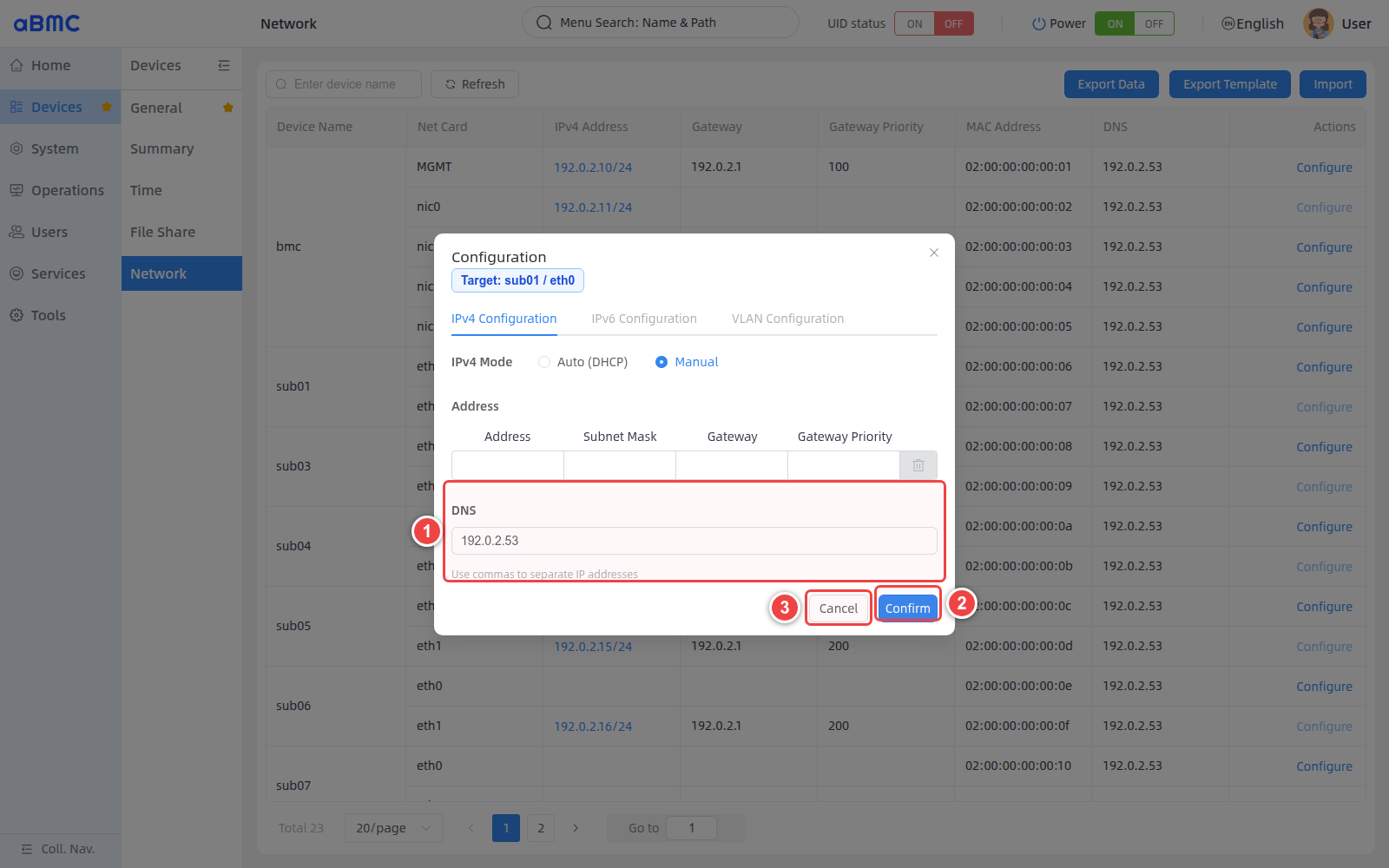 Configure the DNS field of the currently selected network card: 1 DNS, 2 Confirm, 3 Cancel