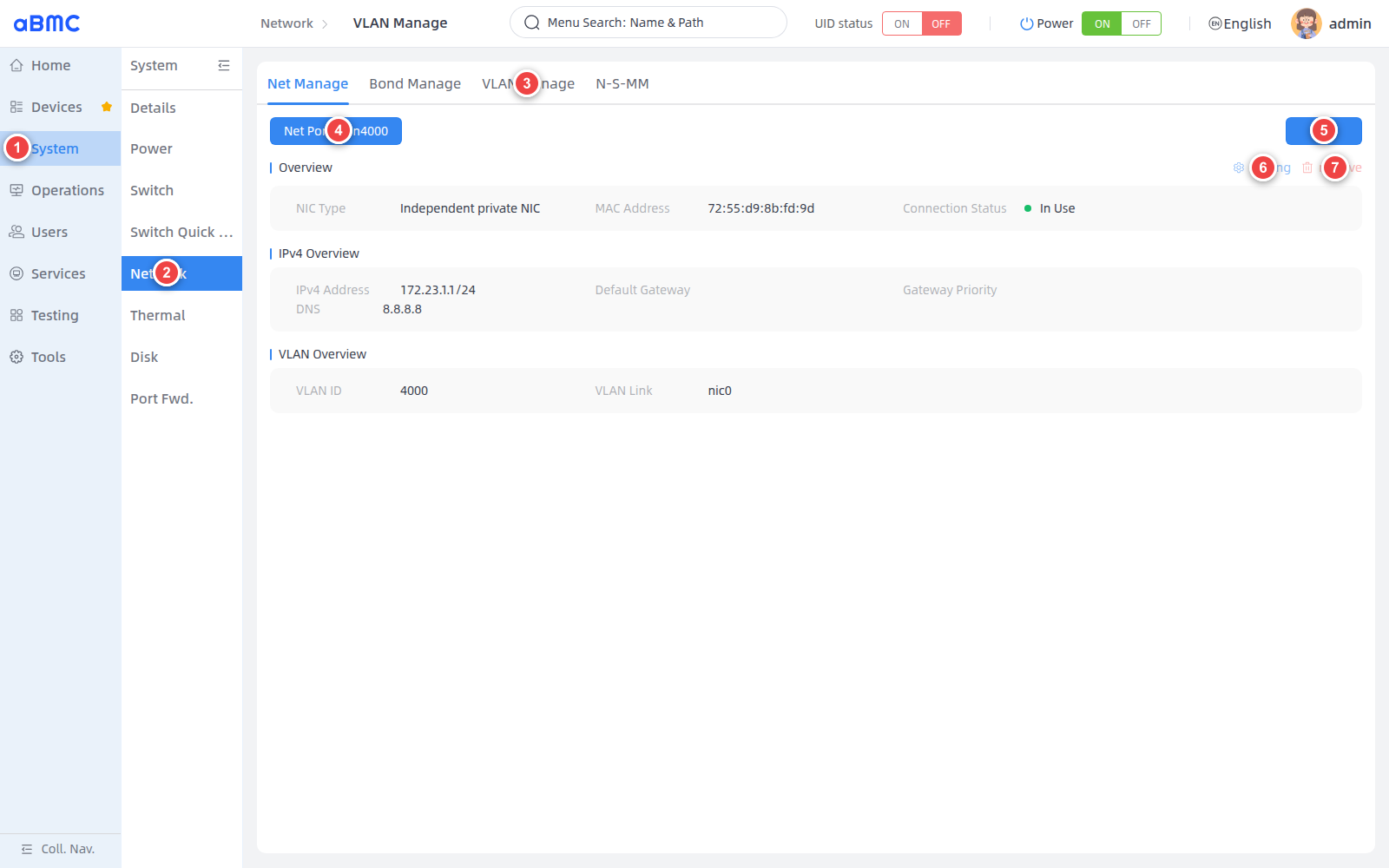 Open VLAN Manage: 1 select System, 2 select Network, 3 select VLAN Manage, 4 select VLAN, 5 add, 6 modify, 7 delete